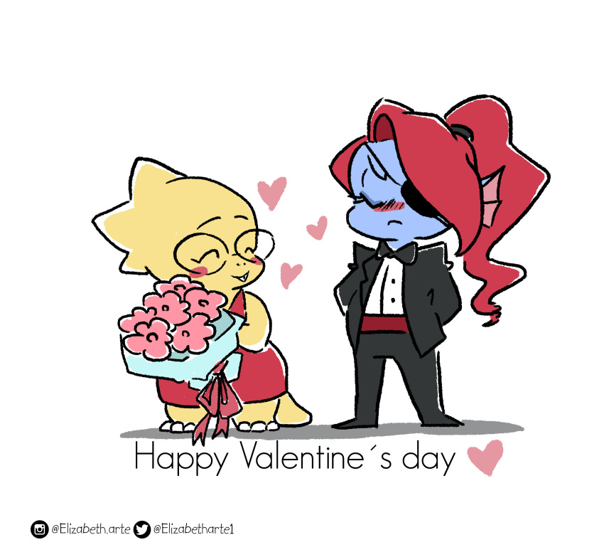 2019, 2d, 2girls, alphys, alternate_costume, anthro, artist_name, black_bowtie, black_eyepatch, black_pants, black_suit, blue_skin, blush, blush_stickers, bouquet, bow_tie, bowtie, chibi, chibi_only, closed_eyes, digital_media, dinosaur, dinosaur_girl, dress, duo, ear_fins, elizabetharte, eyepatch, female, female_only, fins, fish, fish_girl, flower, full_body, glasses, head_fins, heart, high_ponytail, highres, holding, holding_bouquet, instagram_username, lizard, lizard_girl, lizard_tail, long_hair, monster, monster_girl, multiple_girls, pants, ponytail, red_dress, red_flower, red_hair, reptile, reptile_girl, reptile_tail, scalie, side-by-side, standing, suit, tuxedo, twitter_username, undertale, undyne, utdr_(toby_fox), valentine, yellow_skin, yuri
