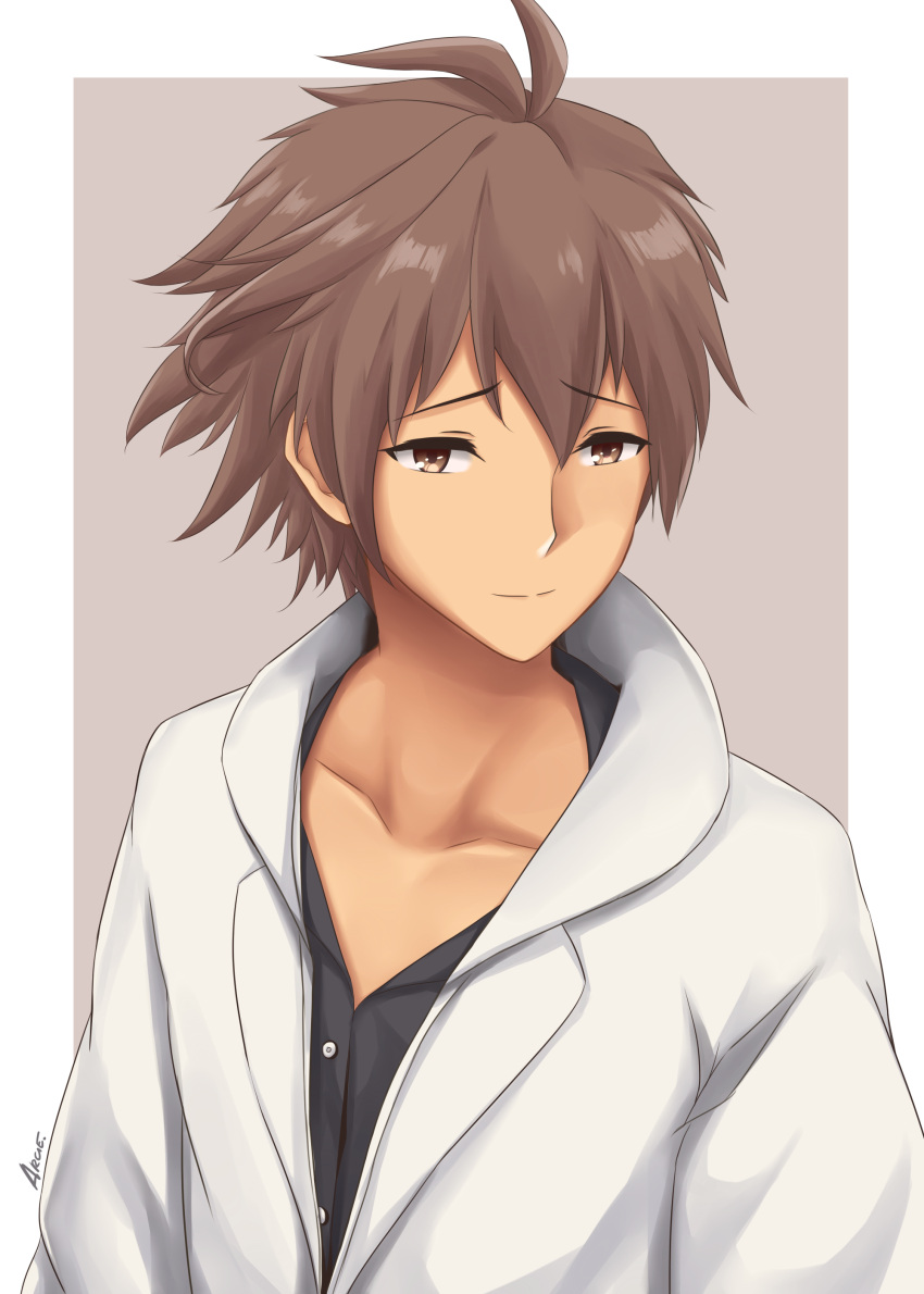 1boy, absurdres, arcie_albano, black_shirt, brown_background, brown_eyes, brown_hair, collarbone