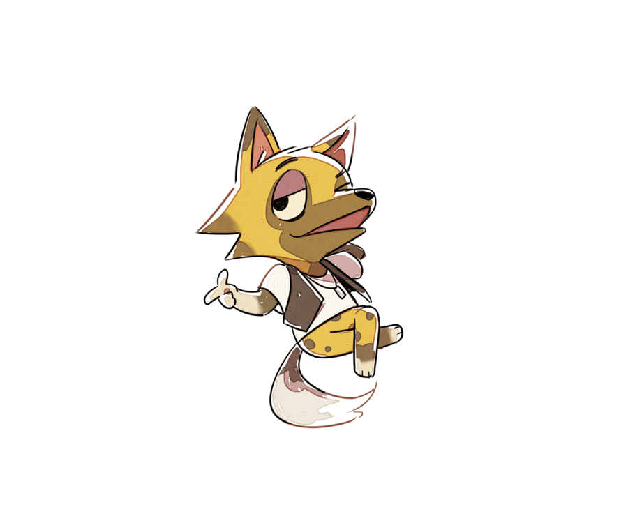 1boy, animal_crossing, black_eyes, black_vest, crew_neck, crossed_legs, dog_tags, finger_gun, furry, furry_male, jitome, kyle_(animal_crossing), looking_to_the_side, male_focus, negative_space, one_eye_closed, open_mouth, shirt, short_sleeves, sideways_glance, simple_background, solo, spotted_fur, ssalbulre, vest, white_background, white_shirt