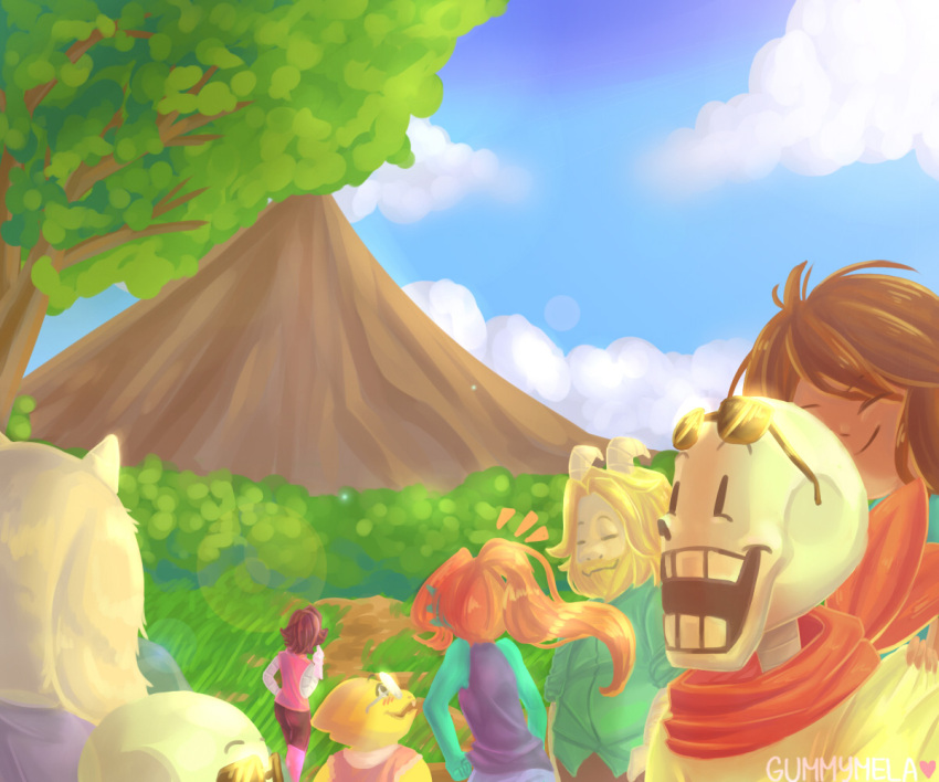 1other, 2016, 2d, 3girls, 4boys, alphys, ambiguous_gender, anthro, armor, artist_name, asgore_dreemurr, beard, black_eyepatch, black_hair, black_shorts, blonde_hair, blue_shirt, blue_skin, brothers, brown_hair, cloud, colored_sclera, commentary, day, digital_media, ear_fins, english_commentary, everyone, eyepatch, eyewear_on_head, facial_hair, female, fins, fish, fish_girl, floppy_ears, frisk_(undertale), furry, furry_female, furry_male, gloves, goat, goat_boy, goat_ears, goat_girl, goat_horns, gummymela, head_fins, high_ponytail, hood, hood_down, hooded_jacket, horns, human, humanoid, lizard, lizard_girl, long_hair, male, mammal, mettaton, mettaton_ex, monster, monster_boy, monster_girl, multiple_boys, multiple_girls, notice_lines, open_mouth, outdoors, papyrus_(undertale), philippines, ponytail, real_world_location, red_hair, red_scarf, reptile, reptile_girl, robot, robot_boy, sans_(undertale), scalie, scarf, shirt, short_hair, siblings, skeleton, sky, striped_shorts, sunglasses, teeth, toriel, tree, undead, undertale, undyne, upper_body, volcano, white_armor, white_fur, white_horns