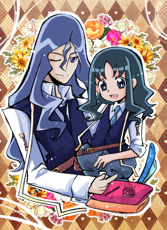 :p, argyle, argyle_background, belt, blue_eyes, blue_hair, chroming_phantasy, cobraja