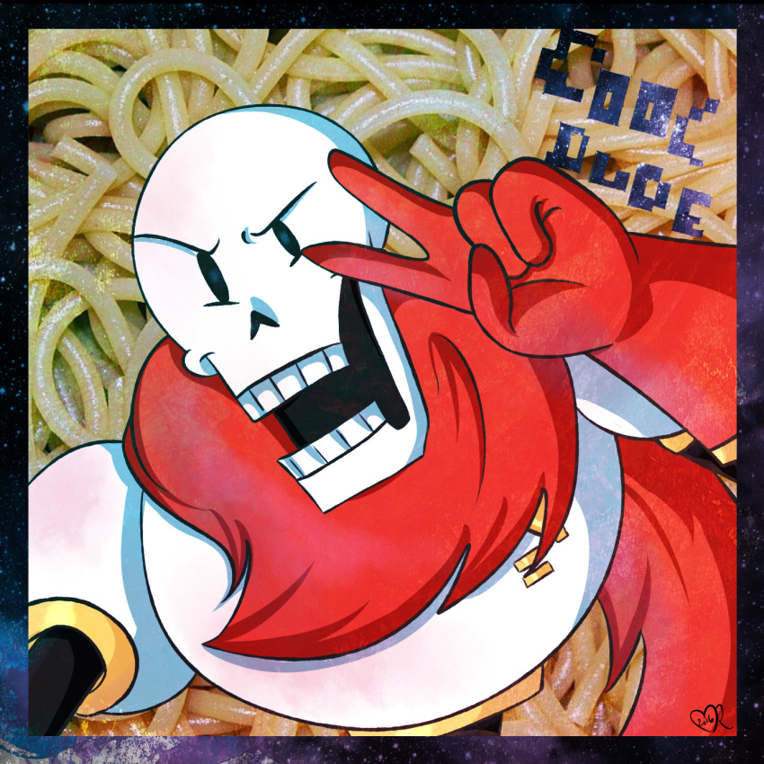 1boy, 2016, 2d, armor, border, cape, digital_media, food, food_background, gloves, humanoid, looking_at_viewer, male, male_only, monster, monster_boy, papyrus_(undertale), pasta, photo_background, red_cape, red_gloves, selfie, skeleton, solo, spaghe, spaghetti, superbecky, teeth, undead, undertale, v, white_armor