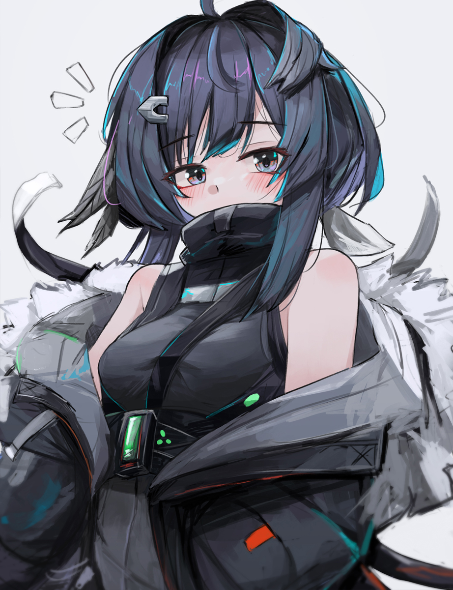1girl, arknights, bare_shoulders, black_hair, black_jacket, black_shirt, blush, breasts, commentary, embarrassed, feather_hair, feathers, fur-trimmed_jacket, fur_trim, grey_background, grey_eyes, hands_in_pockets, high_collar, highres, jacket, kari90909, la_pluma_(arknights), looking_at_viewer, medium_breasts, shirt, short_hair, simple_background, sleeveless, sleeveless_shirt, solo, upper_body