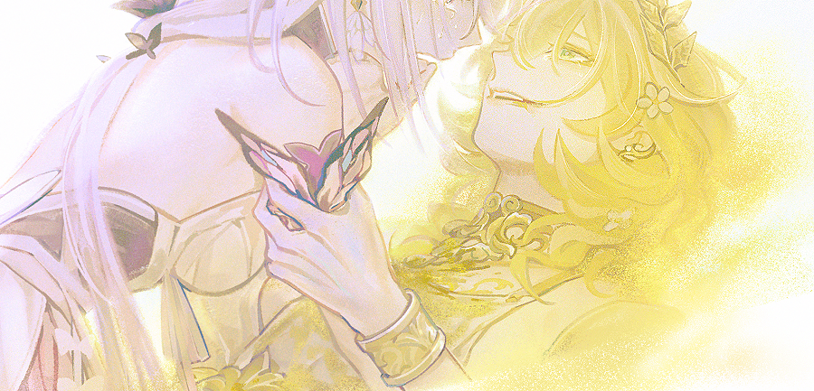 2girls, aglaea_(honkai:_star_rail), aiwairanai, ancient_greek_clothes, bare_back, blonde_hair, bracelet, breasts