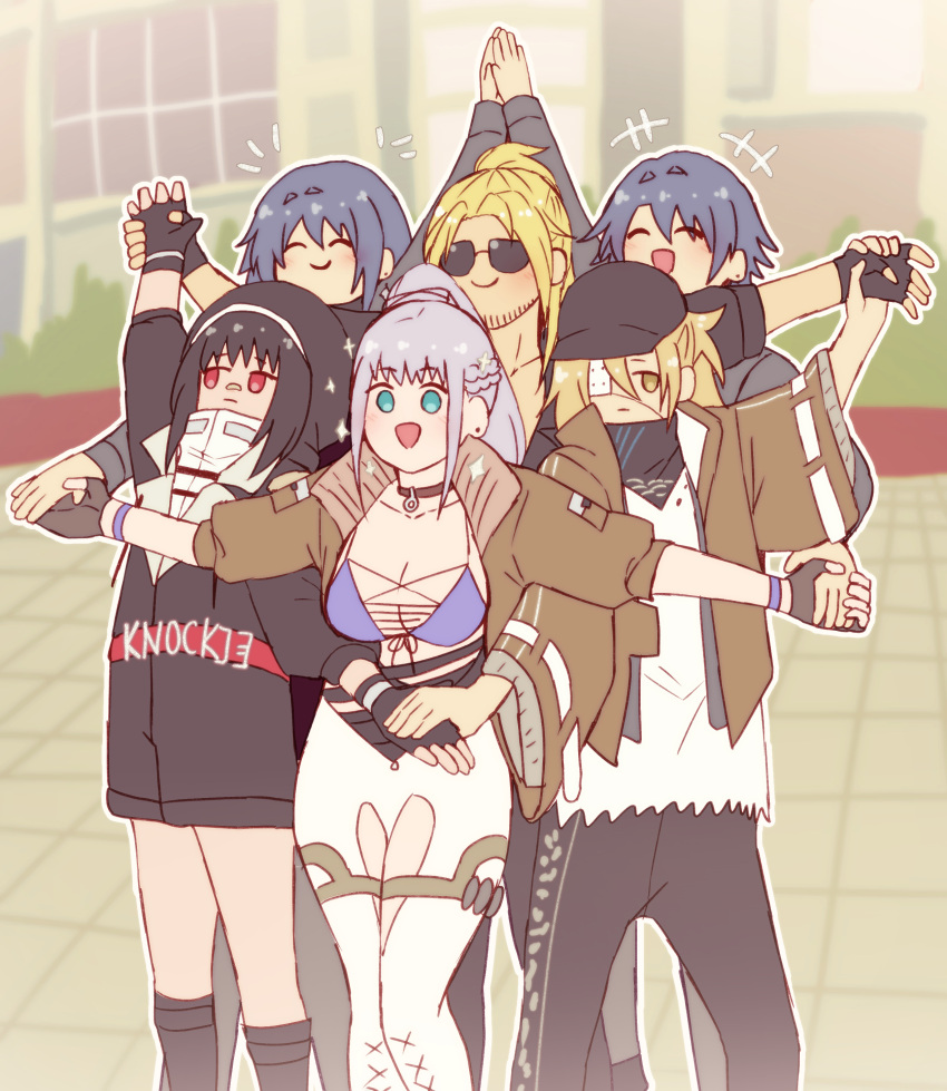 3boys, 3girls, a9864678, absurdres, bad_id, bad_pixiv_id, bai_yi_(path_to_nowhere), baseball_cap, black_gloves, black_hair, black_jacket, blue_hair, brown_jacket, che_(path_to_nowhere), chief_(path_to_nowhere), chinese_commentary, commentary_request, donald_(path_to_nowhere), facial_hair, female_chief_(path_to_nowhere), fingerless_gloves, gloves, hairband, hat, high_five, high_ponytail, highres, jacket, male_chief_(path_to_nowhere), multiple_boys, multiple_girls, open_clothes, open_jacket, path_to_nowhere, ponytail, red_eyes, sumire_(path_to_nowhere), sunglasses, translation_request, white_hairband