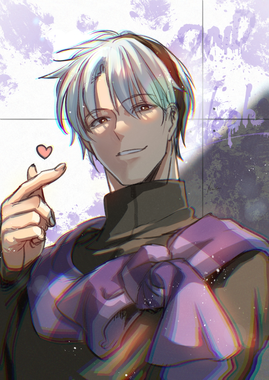 1boy, aleph_coulson, black_shirt, character_name, hand_up, heart, highres, kusu_(moo1225), purple_scarf, scarf, shirt, short_hair, smile, solo, upper_body, white_hair, yuukyuu_gensoukyoku