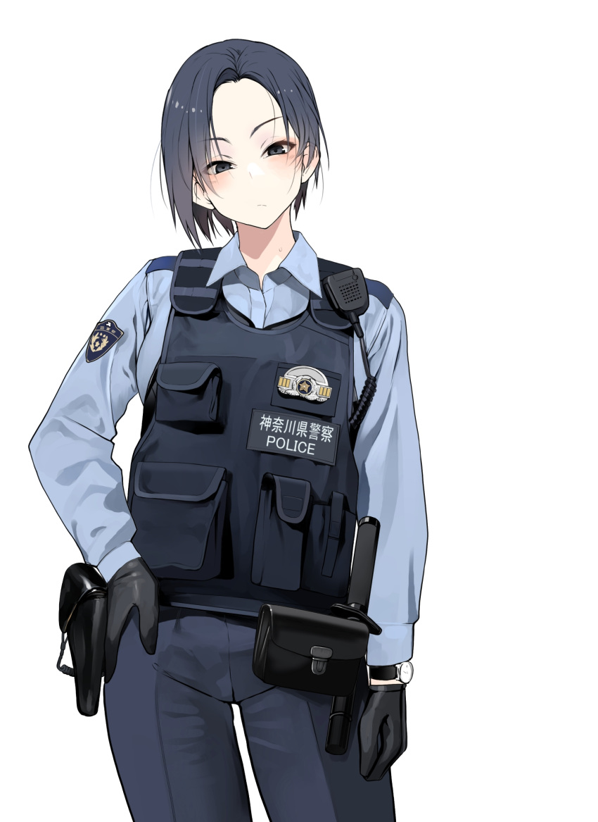 1girl, black_eyes, black_gloves, black_hair, black_pants, blue_shirt, bulletproof_vest, collared_shirt