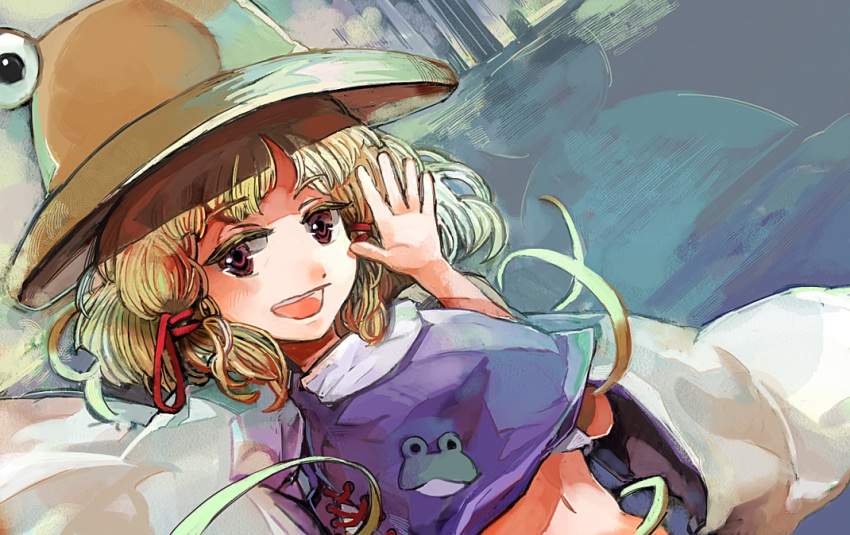 frog, midriff, moriya_suwako, navel, open_mouth, shime_mura, smile, solo, touhou, waving