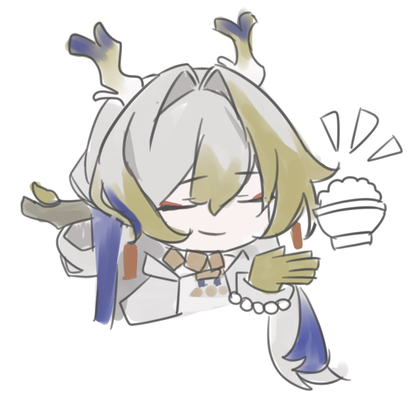 1girl, arknights, blonde_hair, blue_hair, blue_horns, bowl, closed_eyes, closed_mouth
