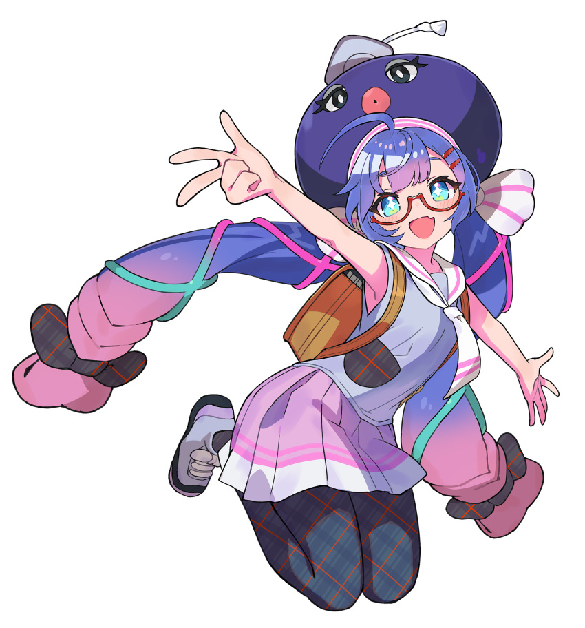 +_+, 1girl, :d, a.i._voice, ahoge, aqua_eyes, ascot, backpack, bag, black_bow, black_pantyhose, blue_hair, blue_hat, blunt_bangs, bow, braid, brown_bag, dress, eel_hat, fang, floating_hair, full_body, glasses, gradient_hair, gradient_ribbon, green_ribbon, grey_dress, grey_shoes, hair_between_eyes, hair_bow, hair_ornament, hair_ribbon, hairclip, hat, hat_ribbon, highres, jumping, large_hat, light_blush, long_hair, looking_at_viewer, low-braided_long_hair, low-tied_long_hair, mortarboard, multicolored_dress, multicolored_hair, multicolored_ribbon, multicolored_shoes, official_art, open_mouth, otomachi_una, otomachi_una_(a.i._voice_2), outstretched_arms, pantyhose, pink_dress, pink_ribbon, pink_stripes, plaid_bow, plaid_clothes, plaid_pantyhose, pleated_dress, randoseru, red-framed_eyewear, ribbon, sailor_collar, sailor_dress, saitou_naoki, second-party_source, semi-rimless_eyewear, shoes, sidelocks, skin_fang, sleeveless, sleeveless_dress, smile, solo, sparkling_eyes, spread_arms, striped_ribbon, transparent_background, twintails, under-rim_eyewear, v, very_long_hair, voiceroid, white_ascot, white_ribbon, white_sailor_collar