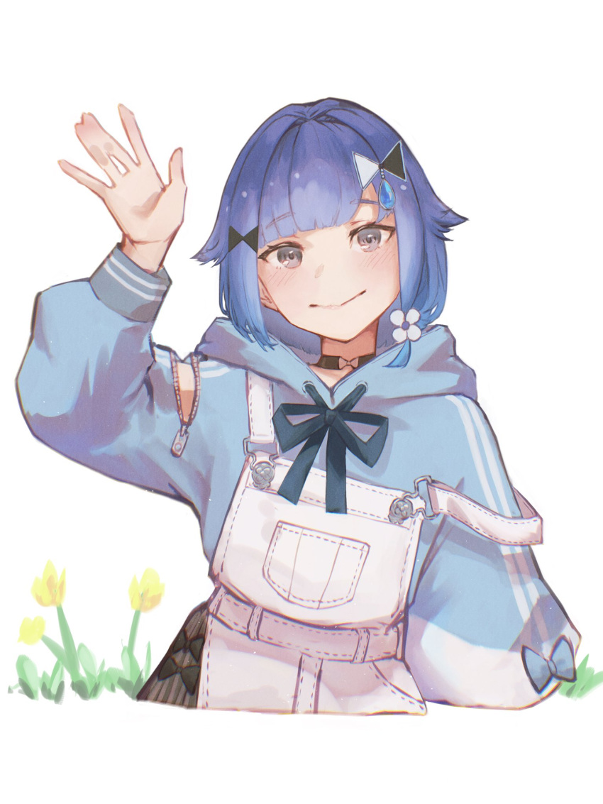 1girl, arm_cutout, black_choker, blue_hair, blue_hoodie, choker, cropped_torso, drawstring