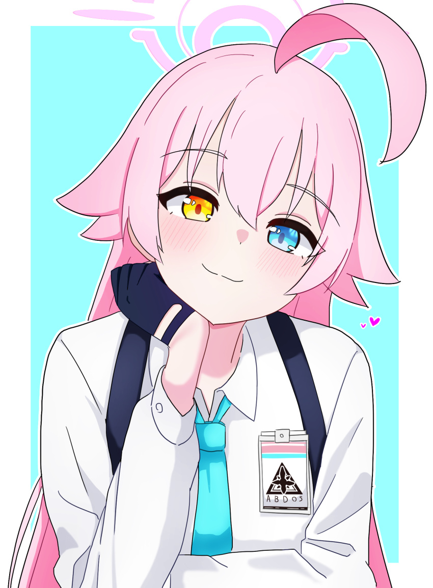 1girl, :3, abydos_high_school_logo, ahoge, aqua_necktie, arm_support, black_gloves, blue_archive