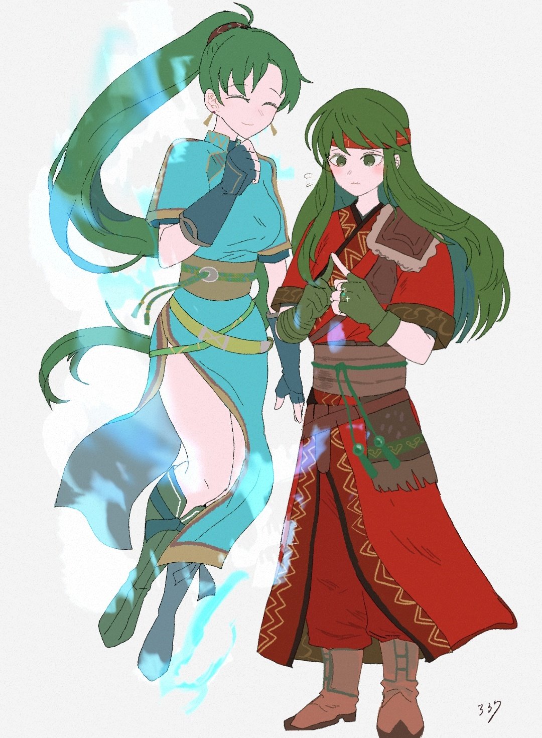 2girls, armor, blue_dress, blush, brown_shoes, closed_eyes, dress, earrings