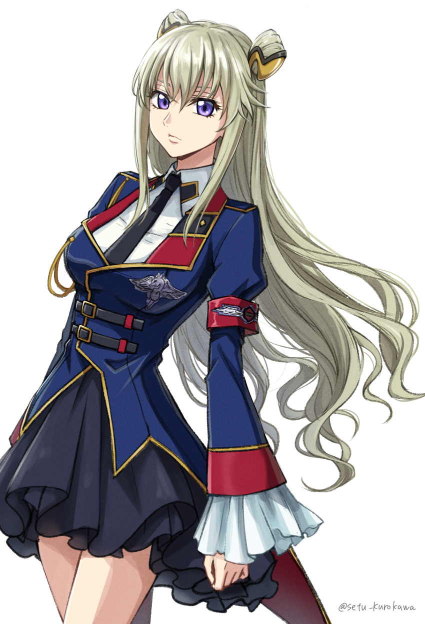1girl, armband, black_necktie, black_skirt, blonde_hair, blue_jacket, breasts, code_geass, code_geass:_boukoku_no_akito, collared_shirt, cone_hair_bun, hair_bun, highres, jacket, large_breasts, leila_malcal, long_hair, long_sleeves, looking_at_viewer, necktie, red_armband, setu_kurokawa, shirt, simple_background, skirt, solo, standing, very_long_hair, violet_eyes, white_background, white_shirt, wide_sleeves