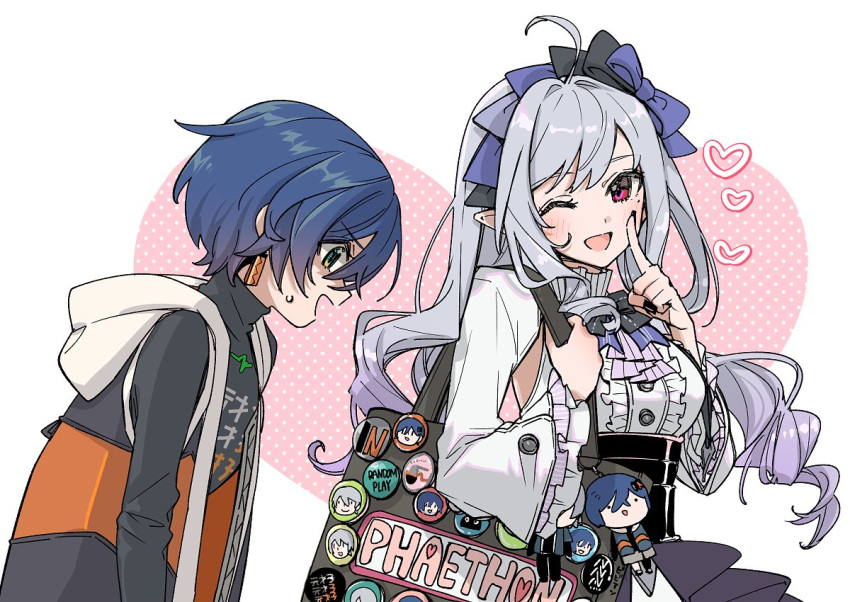 2girls, belle_(zenless_zone_zero), black_nails, blue_hair, center_frills, earrings, frills, green_eyes