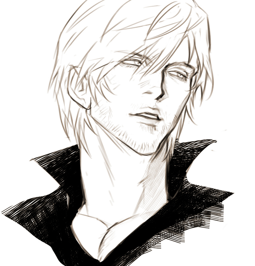 1boy, collared_shirt, commentary, dante_(devil_may_cry), devil_may_cry_(series), devil_may_cry_4, facial_hair, greyscale