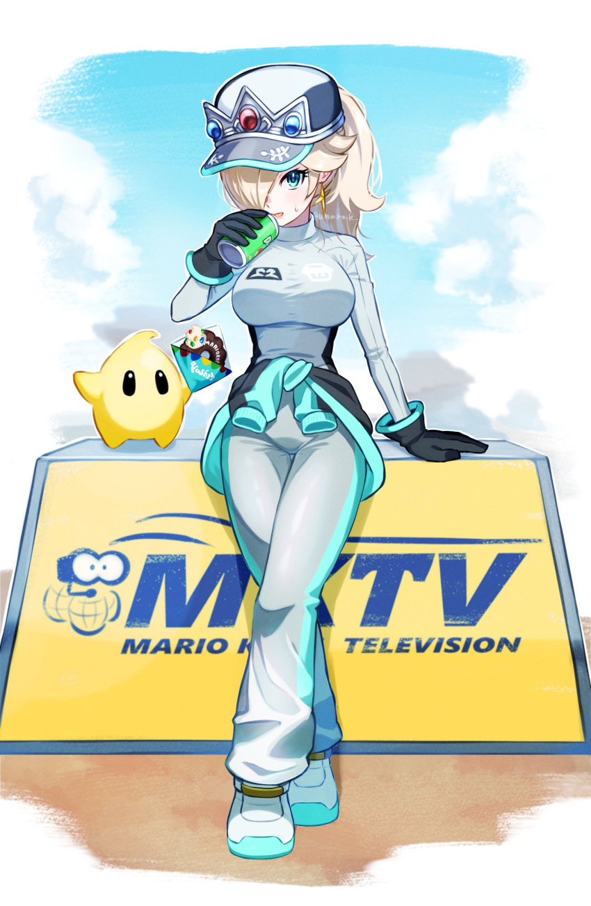 1girl, baseball_cap, black_gloves, blonde_hair, blue_eyes, breasts, can, clothes_around_waist