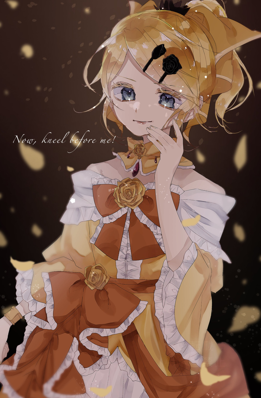 1girl, absurdres, aku_no_musume_(series), aku_no_musume_(vocaloid), anniversary, bare_shoulders, black_flower, black_rose