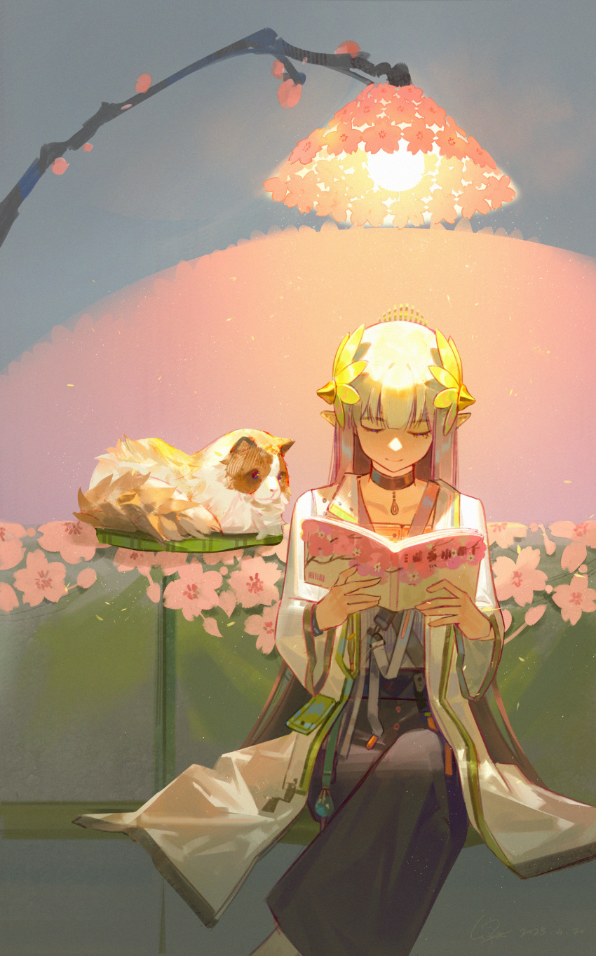 1girl, absurdres, arknights, black_choker, book, cat, choker, closed_eyes, closed_mouth, coat, commentary, elf, english_commentary, facing_down, flower, highres, holding, holding_book, lab_coat, lamp, laurel_crown, lyuqiu, mole, mole_under_eye, muelsyse_(arknights), open_clothes, open_coat, pendant_choker, pink_flower, pointy_ears, reading, sitting, solo, white_coat