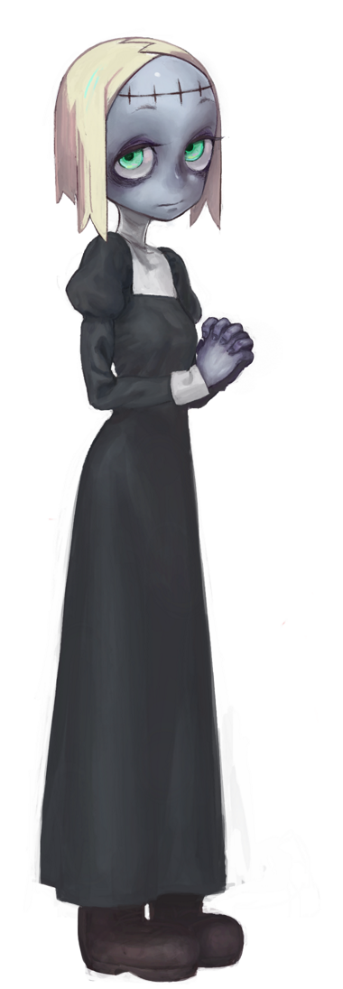 1girl, bags_under_eyes, black_shoes, blonde_hair, closed_mouth, colored_skin, commentary_request, eyelashes, full_body, green_eyes, grey_skin, hoshidaicon, juliet_sleeves, long_sleeves, looking_at_viewer, monster_girl, nun, original, own_hands_clasped, own_hands_together, puffy_sleeves, shoes, short_hair, simple_background, solo, standing, white_background, zombie