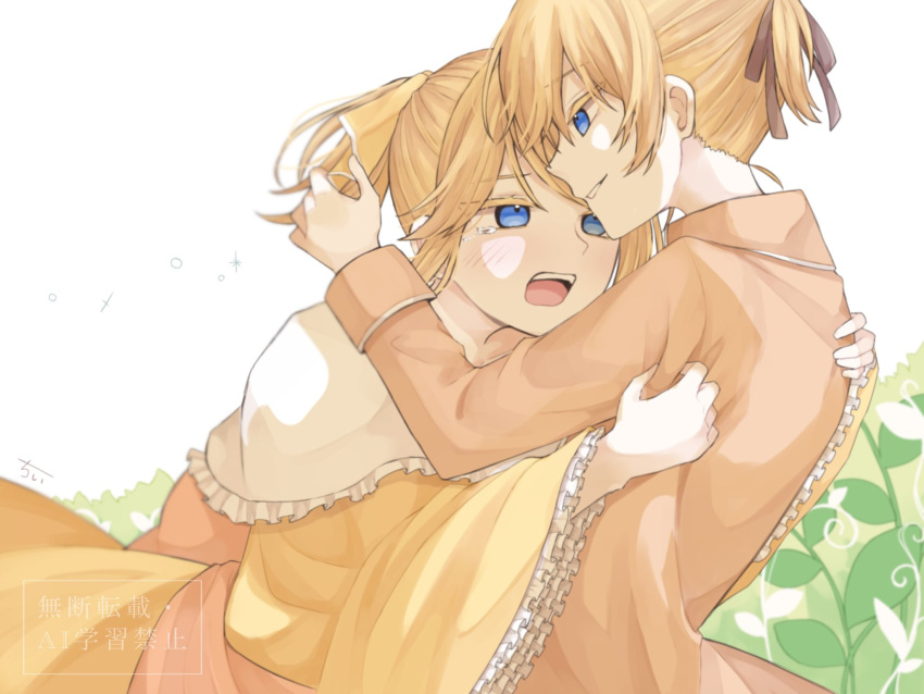 aku_no_musume_(vocaloid), allen_avadonia, anniversary, blonde_hair, blue_eyes, bow, brother_and_sister, brown_ribbon