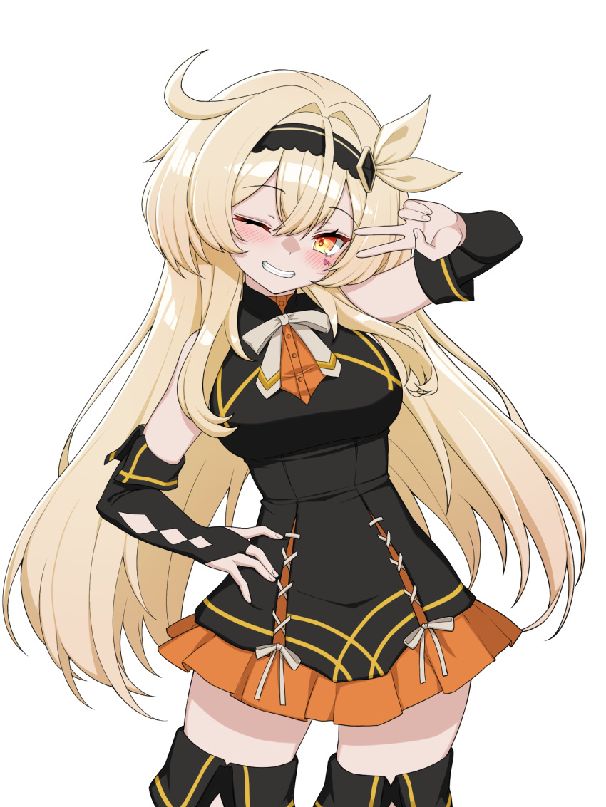 1girl, bare_shoulders, black_dress, black_hairband, blonde_hair, blush, boots, bow