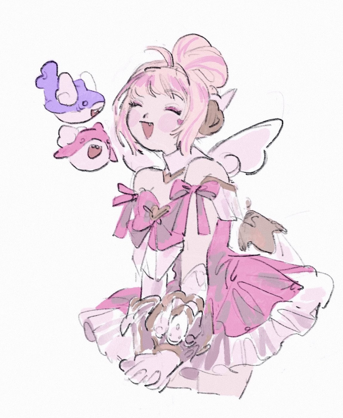 :d, angel_wings, blonde_hair, closed_eyes, dress, frilled_dress, frills, hair_bun, heart_on_cheek, highres, juno_(overwatch), magical_girl, na_(ajinori_oisiina), open_mouth, overwatch, own_hands_clasped, own_hands_together, pink_dress, pink_ribbon, pink_streaks, ribbon, smile, white_background, wings