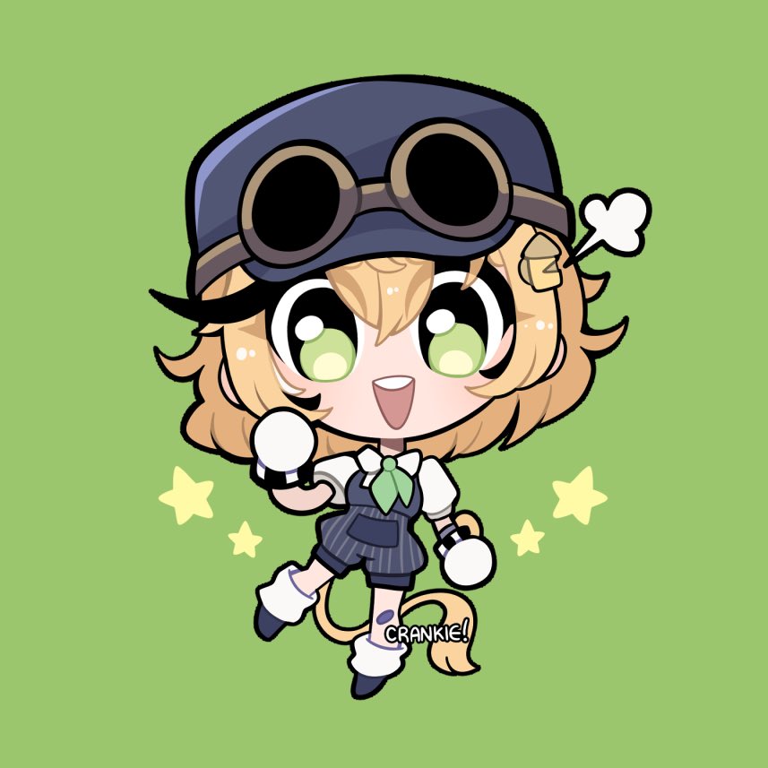 blonde_hair, blue_overalls, checkered_gloves, chibi, crankie, dooby_(vtuber), goggles, goggles_on_headwear