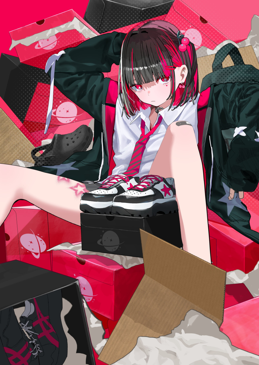 1girl, 38_(sanjuuhachi), absurdres, bandaid, bandaid_on_knee, bandaid_on_leg, black_hair, black_jacket