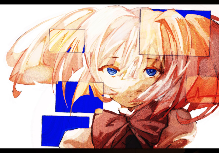 blue_eyes, bow, bowtie, distortion, ghstflowerz, hair_between_eyes, hair_intakes, highres