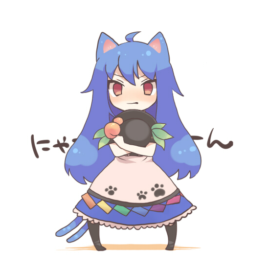 ahoge, animal_ears, bad_id, blue_hair, blush, cat_ears, cat_tail, chibi