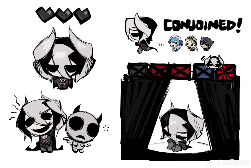 absurdres, apollyon_(the_binding_of_isaac), black_hair, blonde_hair, blue_hair, chibi, chibi_only, heart, highres, made_in_abyss, maruruk, multicolored_hair, multiple_girls, ozen, reg_(made_in_abyss), riko_(made_in_abyss), smile, the_binding_of_isaac, weibo_5968889247, white_hair