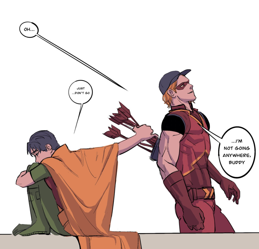 2boys, archery, arsenal_(dc), baseball_cap, batman_(series), belt, bewarebbpower, black_hair