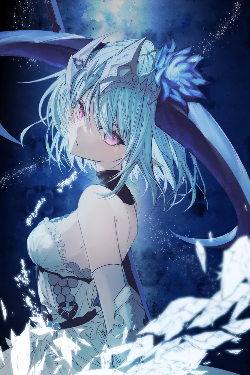 1girl, absurdres, bare_shoulders, blue_background, blue_flower, blue_hair, breasts, curled_horns, dragon_girl, dragon_horns, dress, filene_(shadowverse), flower, gauntlets, hair_between_eyes, hair_flower, hair_ornament, headpiece, highres, horns, looking_at_viewer, pointy_ears, purple_hair, shadowverse, skin-covered_horns, solo, violet_eyes, white_dress, yagi_(yagi5art)