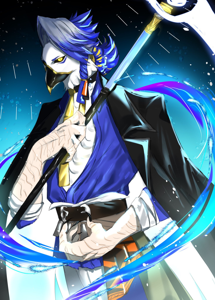 1boy, badrun_(khonshu)_(dislyte), bandaged_hand, bandages, beak, bird_boy, black_coat, black_sclera