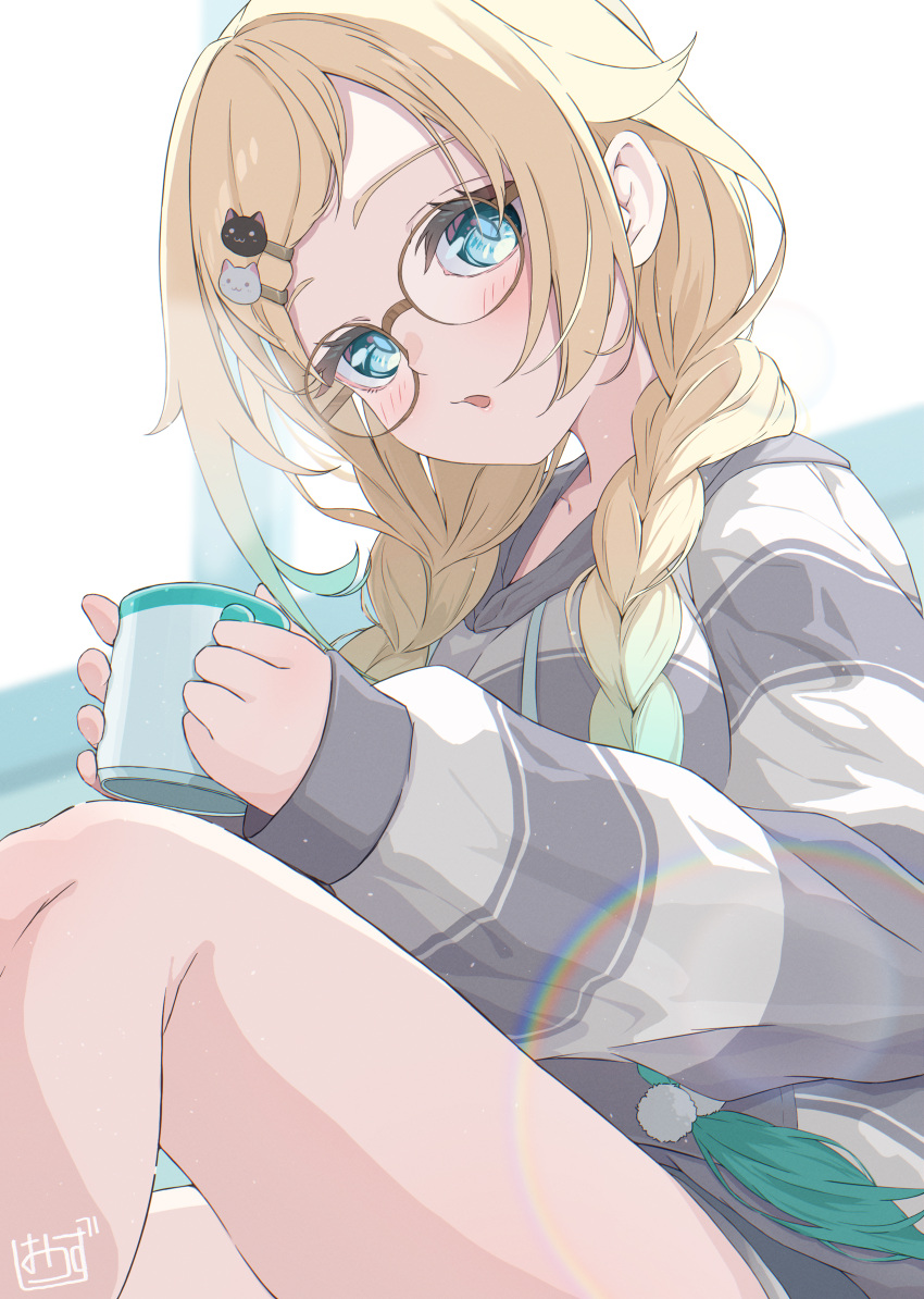 1girl, absurdres, aizawa_ema, aizawa_ema_(4th_costume), blonde_hair, blush, braid, cup