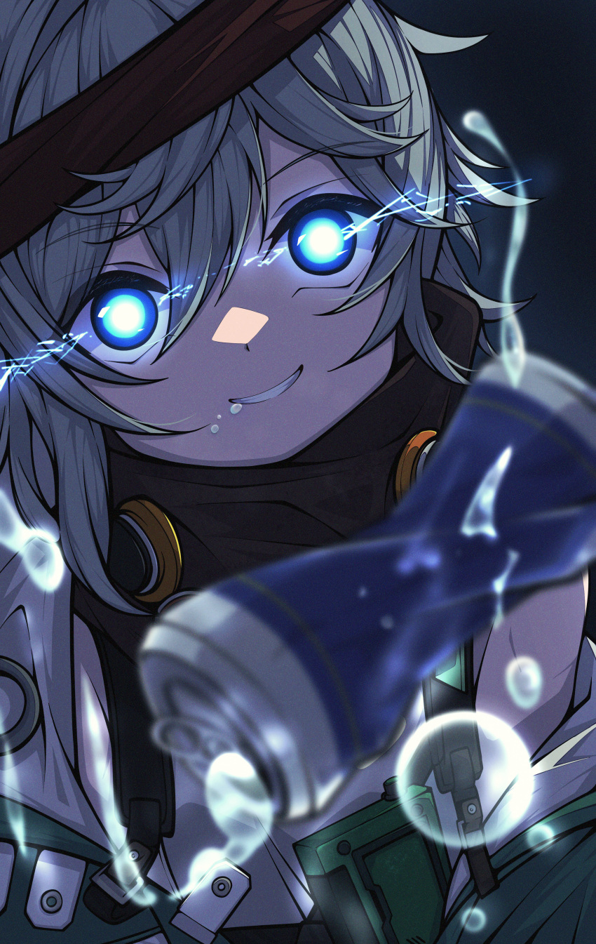 1girl, absurdres, bandana, crushed_can, drink, g11_(girls'_frontline), girls'_frontline_2:_exilium, girls_frontline, glowing, glowing_eyes, green_jacket, grey_hair, hair_between_eyes, highres, jacket, kakuzatou_(cubesugar03196), looking_at_viewer, mechty_(girls'_frontline_2), red_bandana, short_hair, smile, solo, upper_body