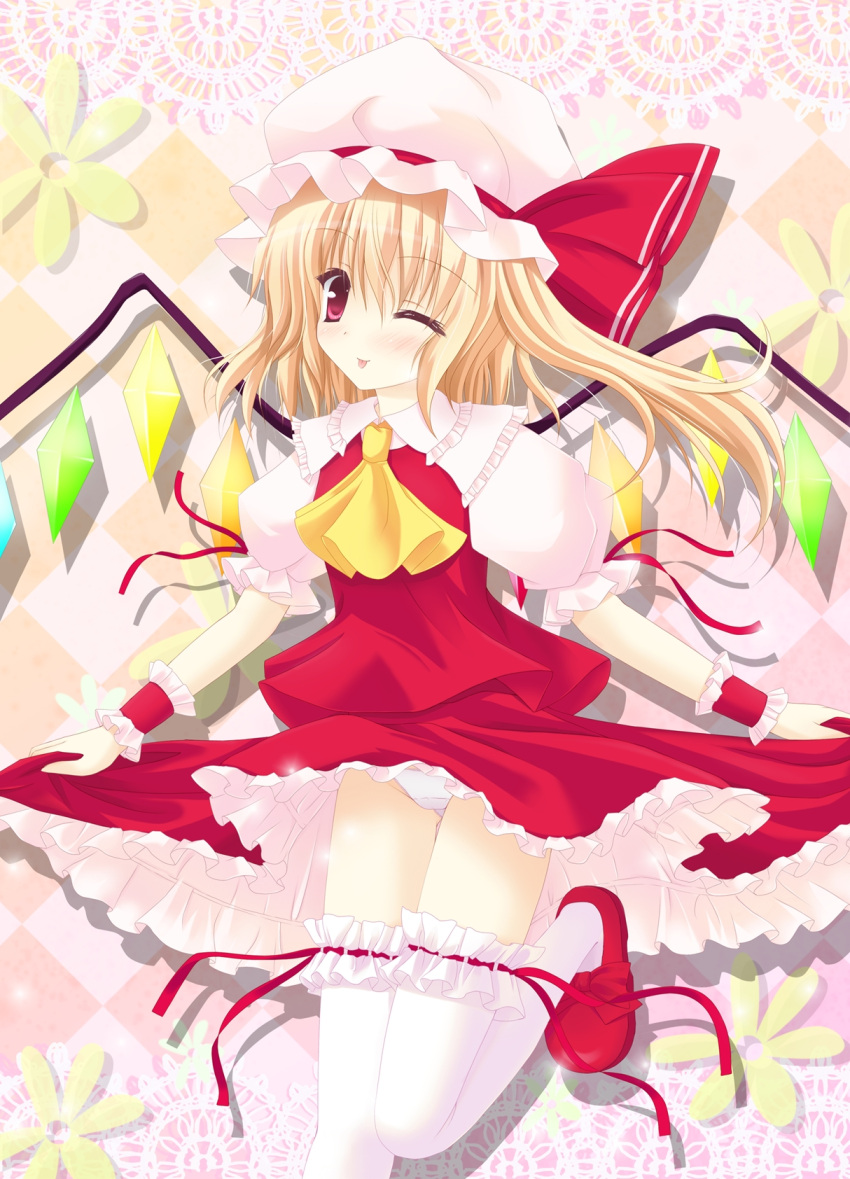 ;p, blonde_hair, blush, flandre_scarlet, garters, hat, highres, konitan