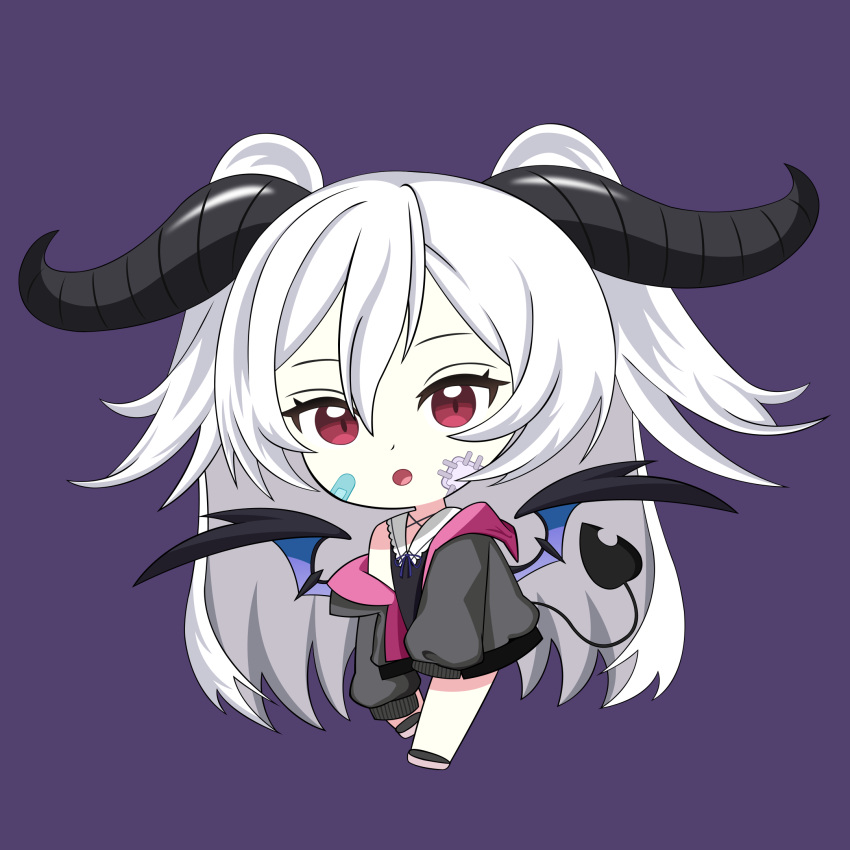 1girl, aiko_(phase_connect), bandaid, bandaid_on_cheek, bandaid_on_face, black_horns, black_jacket, chibi, demon_girl, demon_horns, demon_tail, demon_wings, full_body, hair_between_eyes, highres, horns, jacket, long_hair, off_shoulder, open_mouth, phase_connect, purple_background, red_eyes, sleeves_past_fingers, sleeves_past_wrists, solo, tail, two_side_up, valen_decius, white_hair, wings