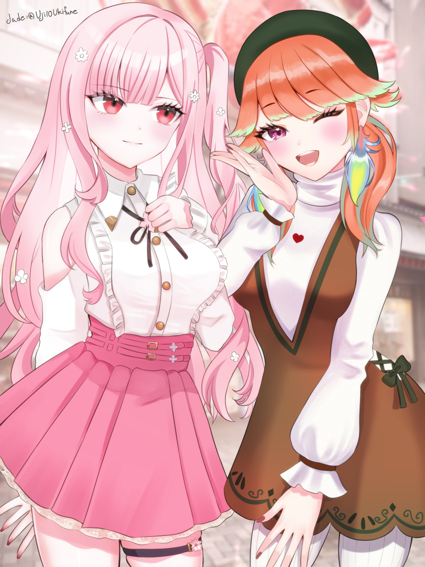 2girls, absurdres, beret, blush, brown_dress, clothing_cutout, dress, earrings