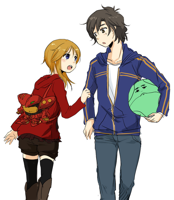 bad_id, bag, banagher_links, black_legwear, black_thighhighs, blonde_hair, blue_eyes, blush_stickers