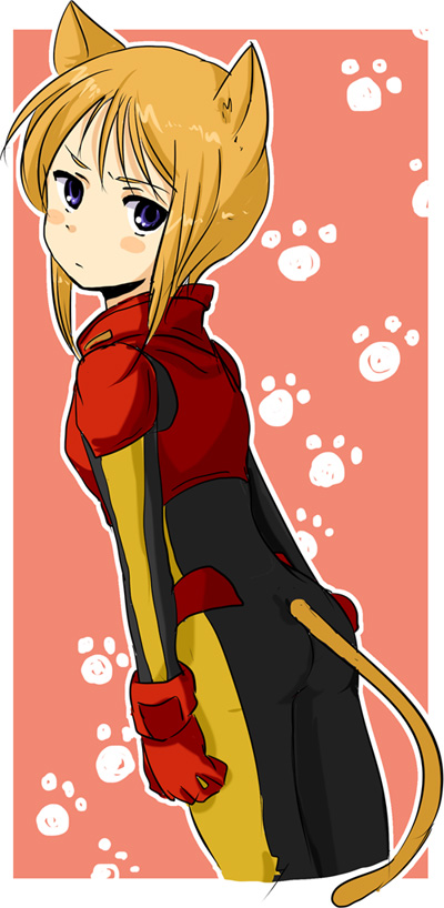 bad_id, blue_eyes, blush_stickers, bodysuit, gloves, gundam, gundam_zz, kemonomimi_mode, looking_back, orange_hair, paw_print, pilot_suit, puru_two, short_hair, solo, standing, tail, ueo