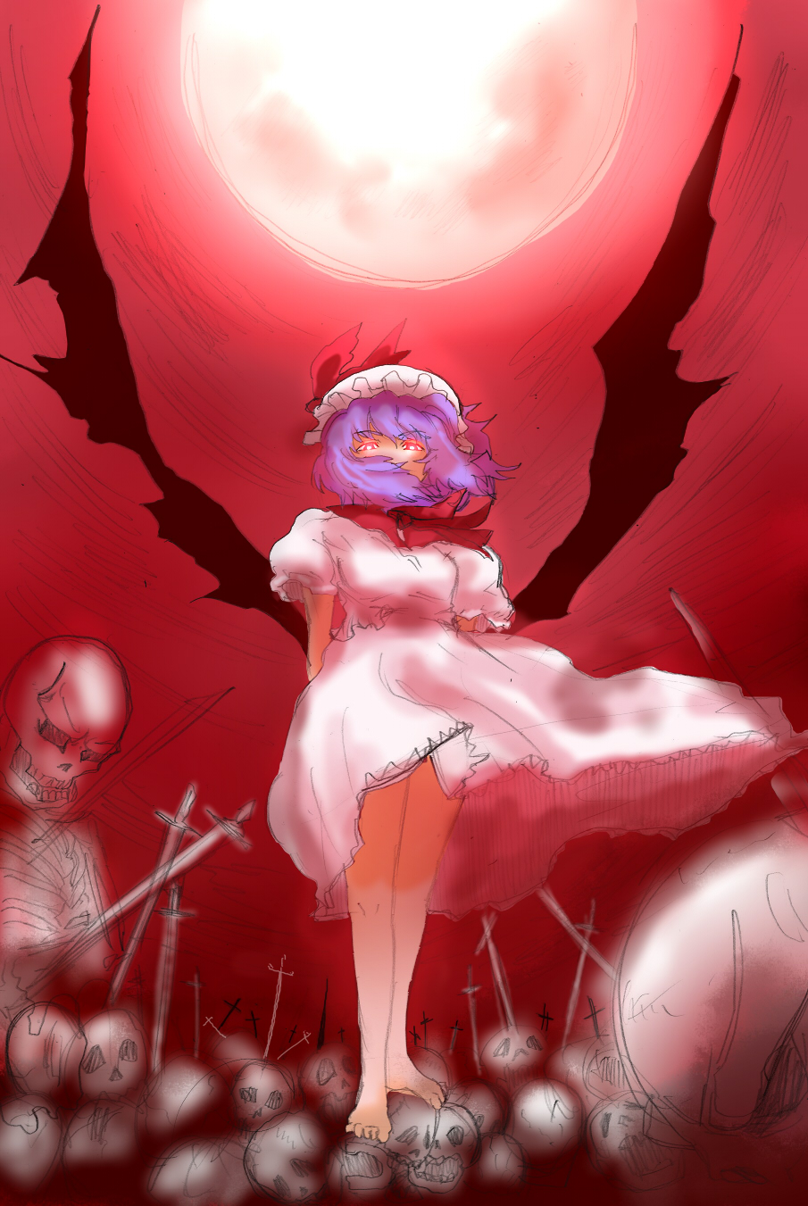 arms_behind_back, ascot, bare_legs, barefoot, bat_wings, bone, covered_mouth, dress