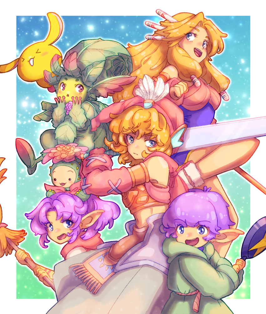 >o<, 1other, 2girls, 3boys, :d, baggy_pants, bare_shoulders, blonde_hair