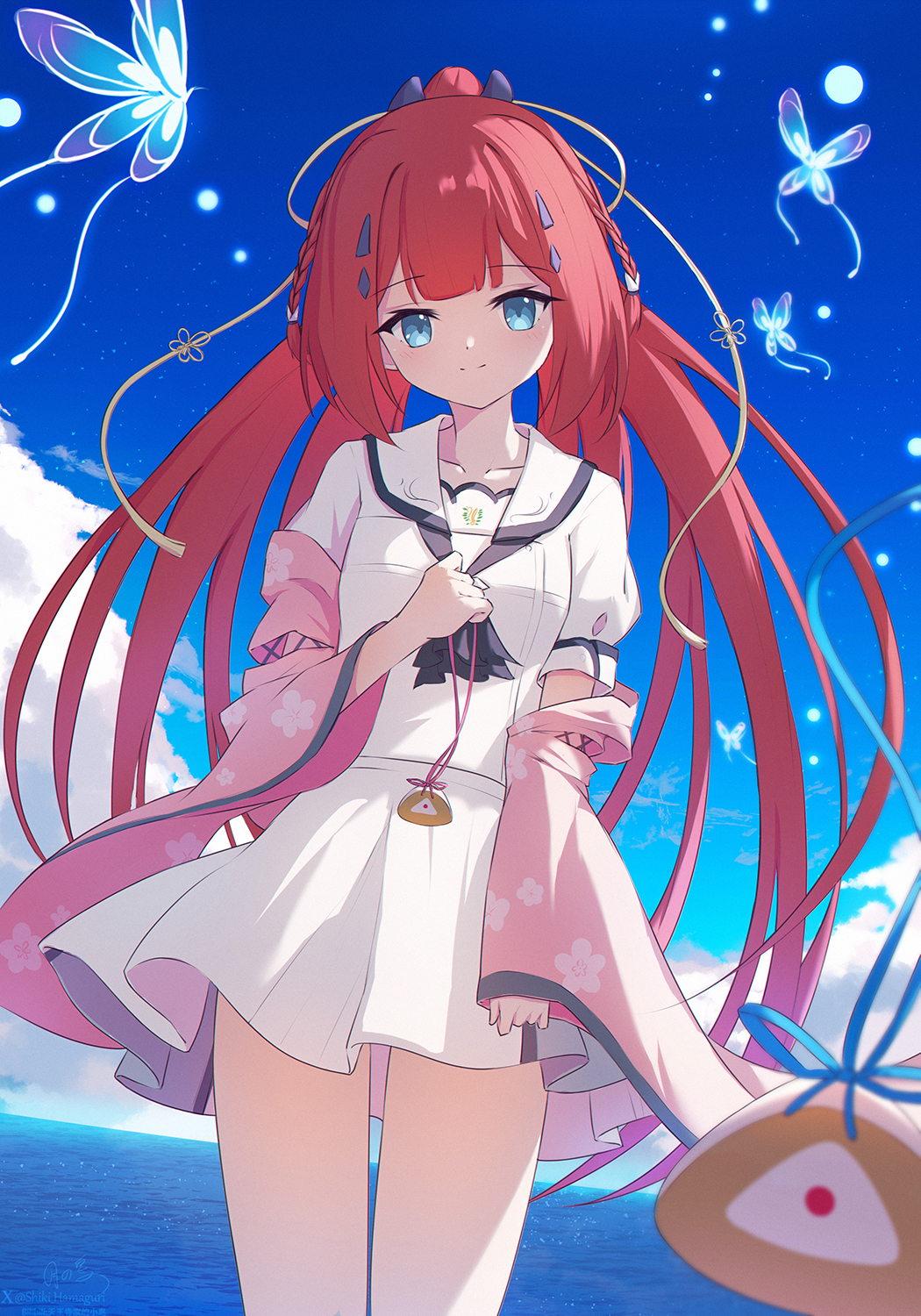 1girl, arm_at_side, ascot, black_ascot, blue_butterfly, blue_eyes, blue_sky, blunt_bangs
