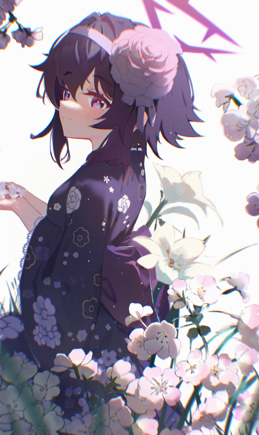 1girl, absurdres, blue_archive, blush, closed_mouth, floral_print, floral_print_kimono, flower