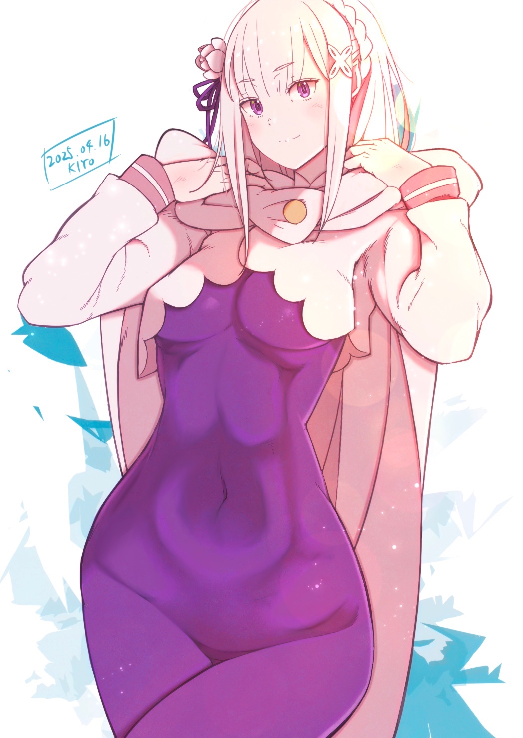 1girl, artist_name, blunt_bangs, blush, braid, breasts, breasts_apart, cloak