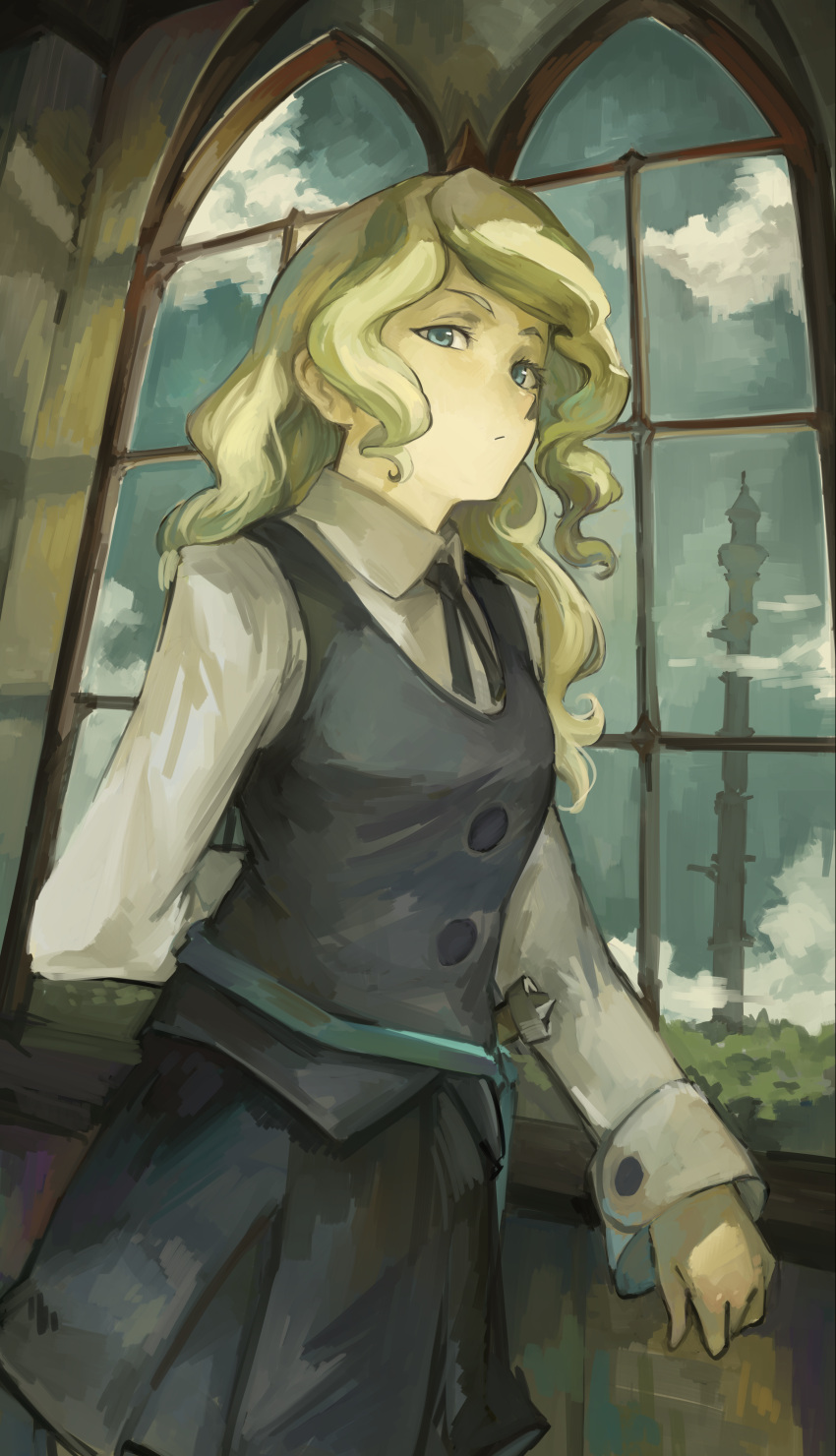 1girl, absurdres, arched_window, blonde_hair, blue_eyes, collared_shirt, diana_cavendish, highres