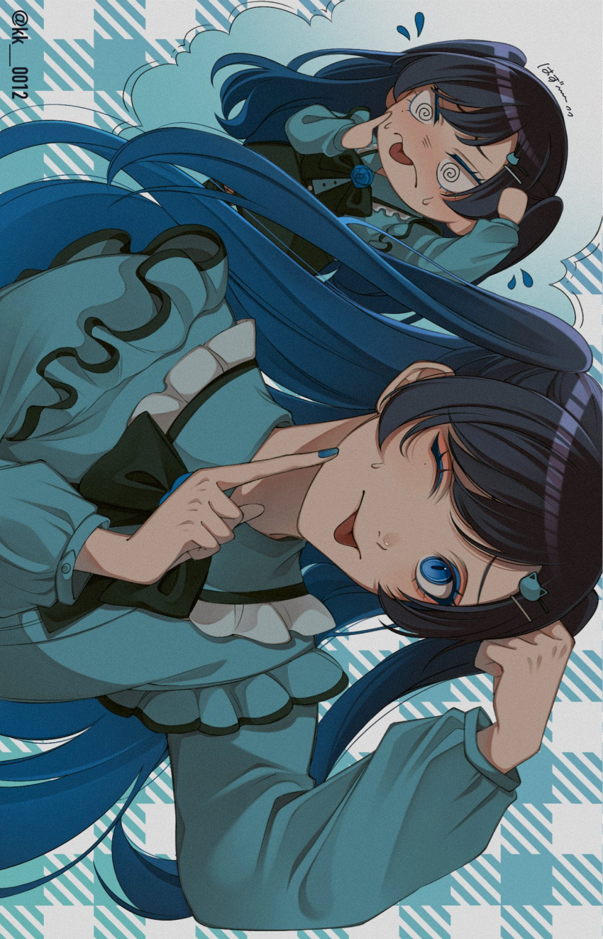 1girl, @_@, ado_(utaite), black_bow, black_bowtie, black_hair, blue_eyes, blue_hair