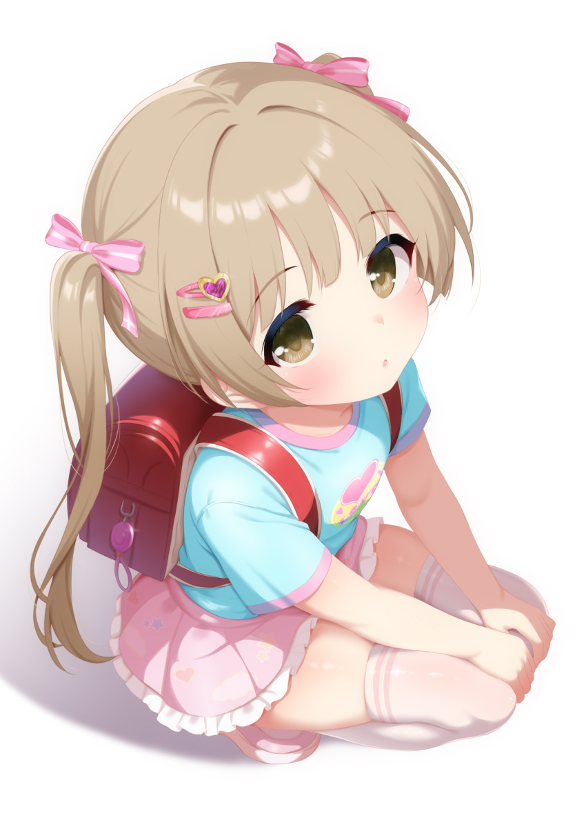 1girl, :o, backpack, bag, blue_shirt, blush, bow, brown_eyes